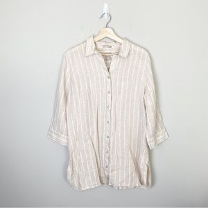 Chico's Fresh Chic Linen Beige and White Striped Button Down Shirt